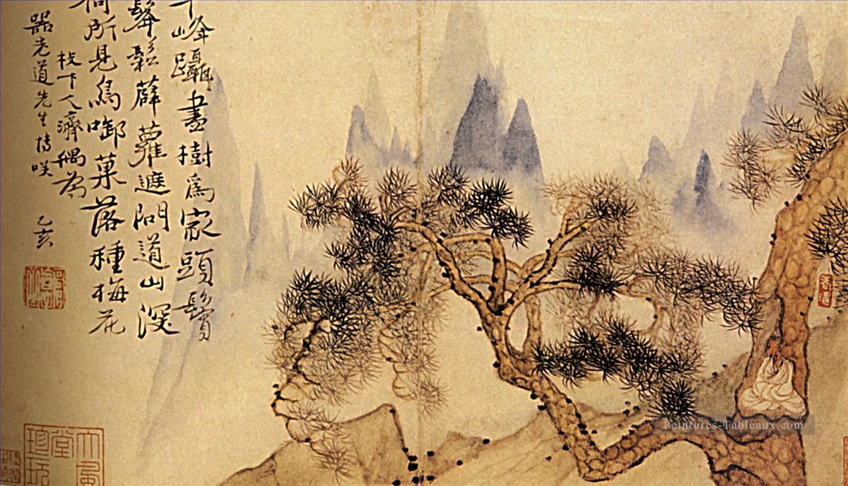 Shitao en méditation au pied des montagnes impossible 1695 traditionnelle chinoise Peintures à l'huile